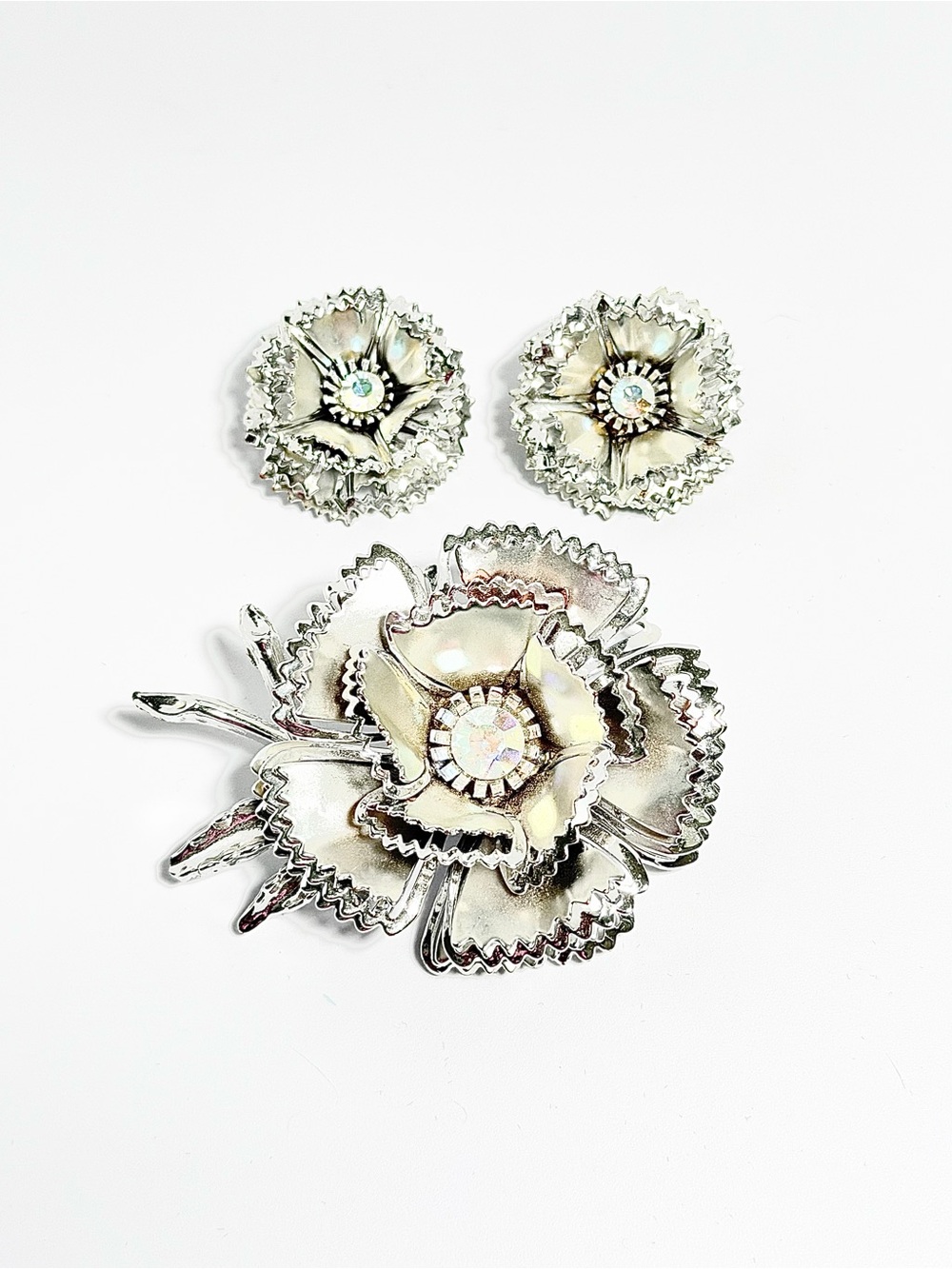 Mid Century Silver Floral Brooch and Earring Set with Aurora Crystal Centers